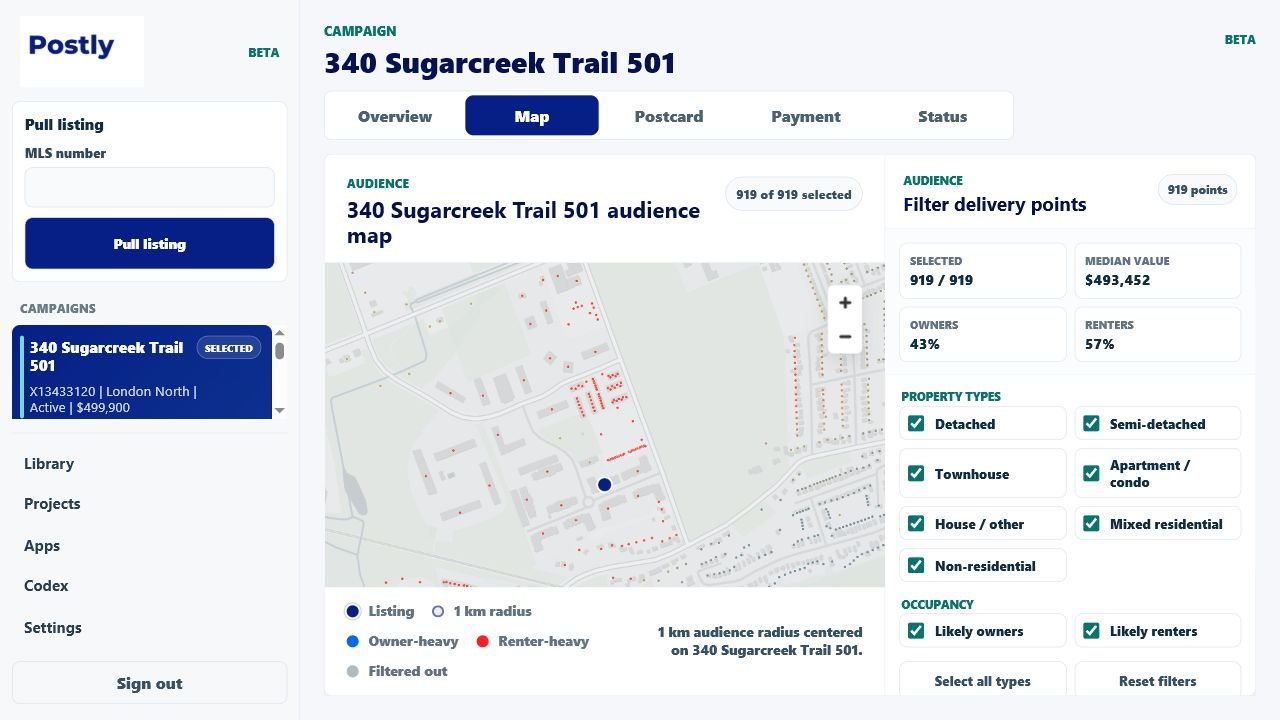 Postly map showing selected delivery addresses and audience filters