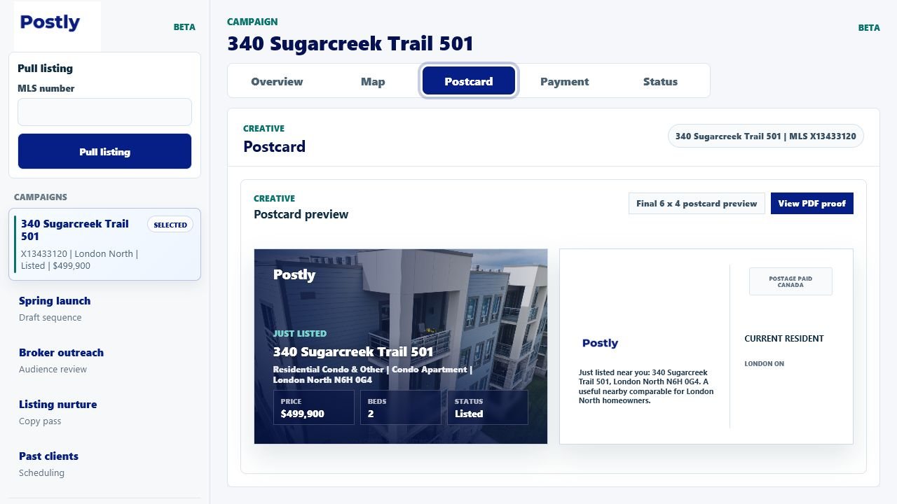 Postly order status screen with mailing workflow controls